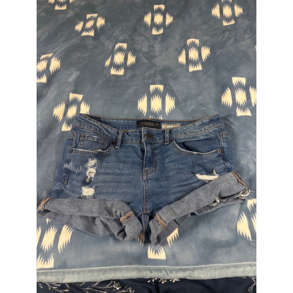 Aeropostale Womens Midi Distressed Denim Shorts Blue Size 6 Cuffed Hem